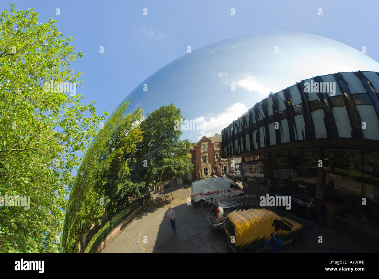 Anish Kapour`s Stainless steel sky mirror outside of the Nottingham Playhouse Stock Photo